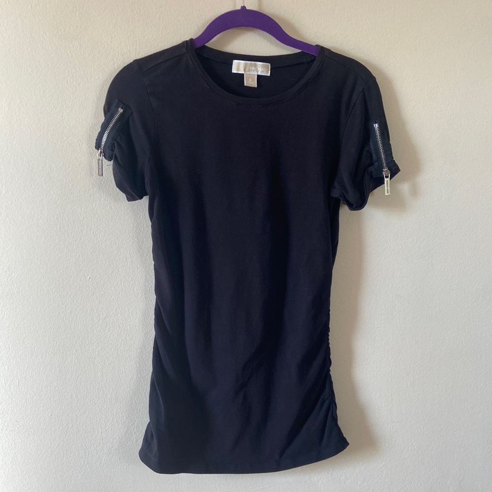 Black Michael Kors Short Sleeve Tee with Silver Zipper Detail